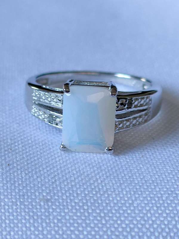 Opal and diamond sterling silver ring - size US7 - 1.70ct plus - lab created stone