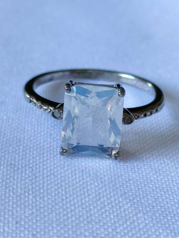 Opal and diamond sterling silver ring - size US7 - 1.70 ct- 925 stamped - lab created stone