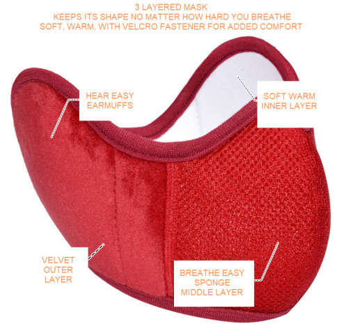 Professional Quality Protective Velvet Cloth 3 Layer Winter Face Masks - Red - Velcro Fastening