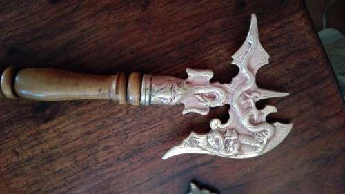 Antique/vintage Chinese brass ceremonial axe with wood handle.