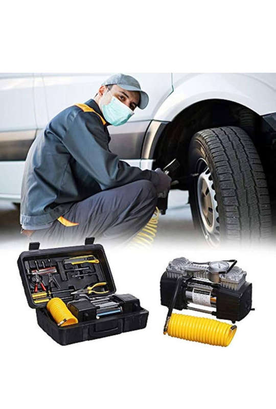 Double Cylinder Air Compressor With Emergency Tyre Repair Kit
