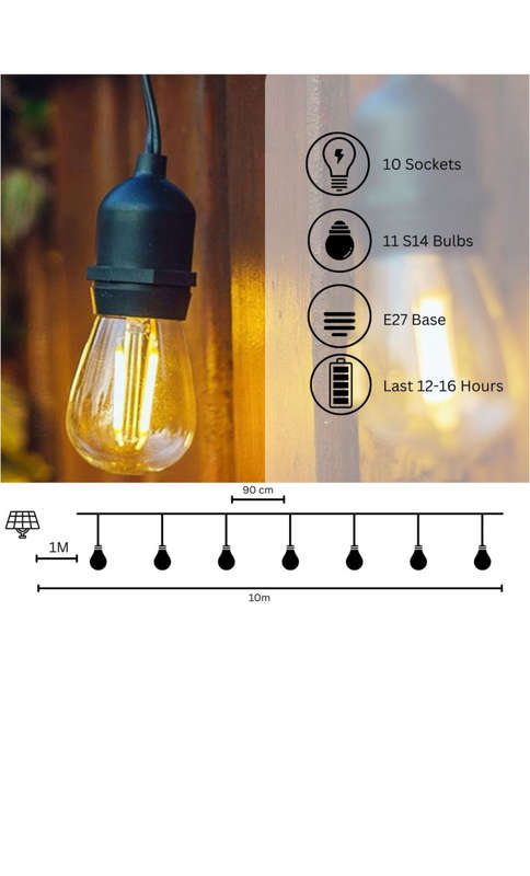 Lighting 10 LED Festoon Vintage Bulb String Lights - 5m Solar Panel