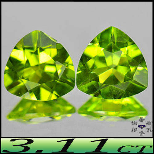 3.11CT NATURAL UNHEATED GREEN PERIDOT PAIR - TWO FLASHING EYE CLEAN BRILLIANT TRILLIANTS