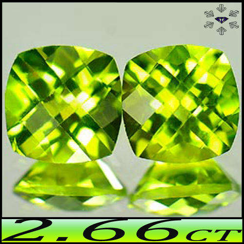 2.66CT NATURAL GREEN FANCY PERIDOT PAIR [VVS] - PAKISTANI CUSHION CHECKERBOARD GEMSTONES