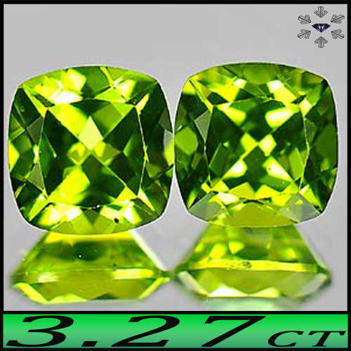 3.27ct Pakistan Matching Green Peridot Pair - VS - Two Unheated Modern Fancy Cushions