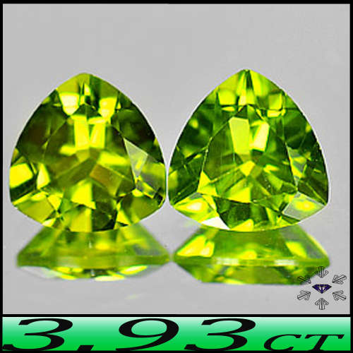 3.93ct Two Golden Green Burma Peridot - VS - Pair Matching Unheated Trillion Gems