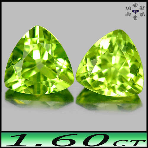 1.60ct Two Matching Natural Green Peridot - VVS - Pair Unheated Burma Trilliant Gems