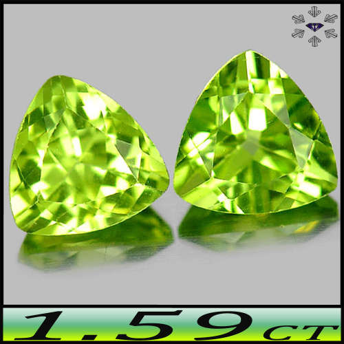 1.59ct Unheated Natural Green Peridot Pair - VVS - Two Burma Matching Trilliant Gems