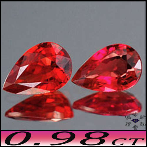 0.98ct Two Matching Vivid Red Sapphire Gems - Si - Perfect Pair Songea Pears (Heated)