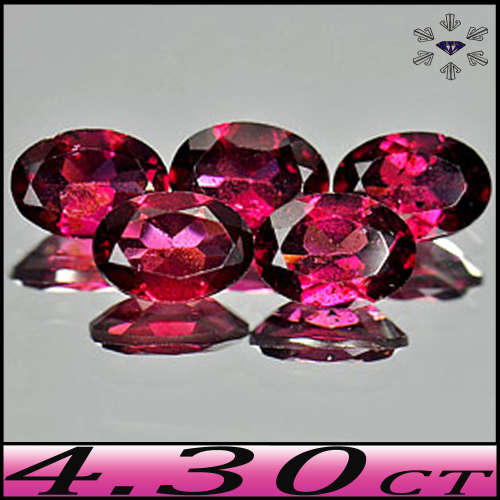 4.30ct Unheated Purplish Red Rhodolite Garnets - VS - Five Matching Madagascan Oval Gems
