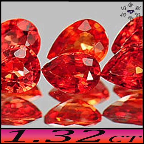 1.32ct Orangy Intense Red Songea Sapphire - VVS - Six Matching Pear Gems (Gentle Heat)
