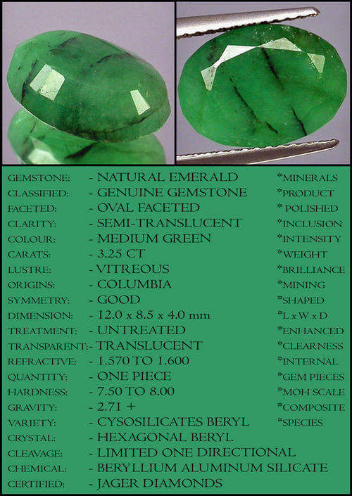 3.25 CT MEDIUM GREEN NATURAL UNTREATED COLUMBIAN EMERALD GEMSTONE POLISHED IN AN OVAL.