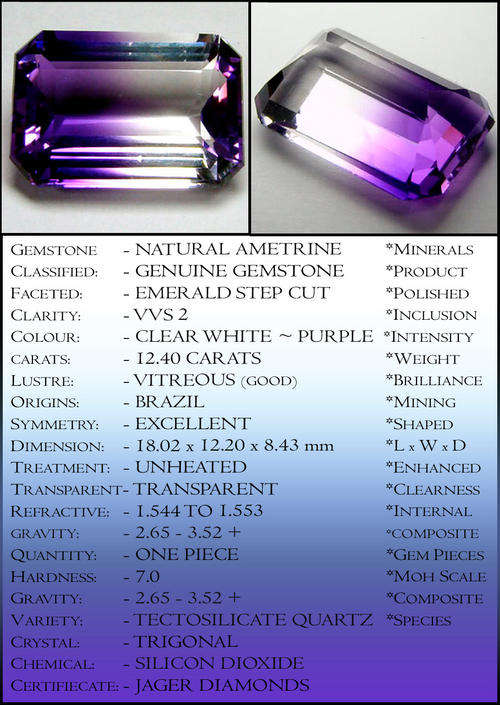 14.20 CT AMETRINE QUARTZ VIOLET BLUE TO PURPLLE TO TAINTED WHITE EMERALD GEMSTONE