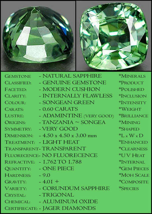 0.60 CT MAGNIFICENT FLAWLESS NATURAL GREEN SONGEA SAPPHIRE, A MODERN CUSHION POLISHED GEMSTONE.