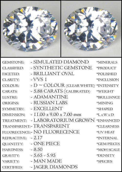 5.88 CT SPARKLING BRILLIANT OVAL DIAMOND STIMULANT, PRECISION MACHINE POLISHED.