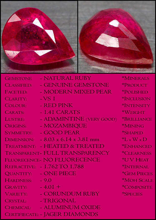 STARTS FROM R1 - PRISTINE RED PINK NATURAL RUBY, A PRETTY MODERN PEAR POLISHED GEMSTONE.