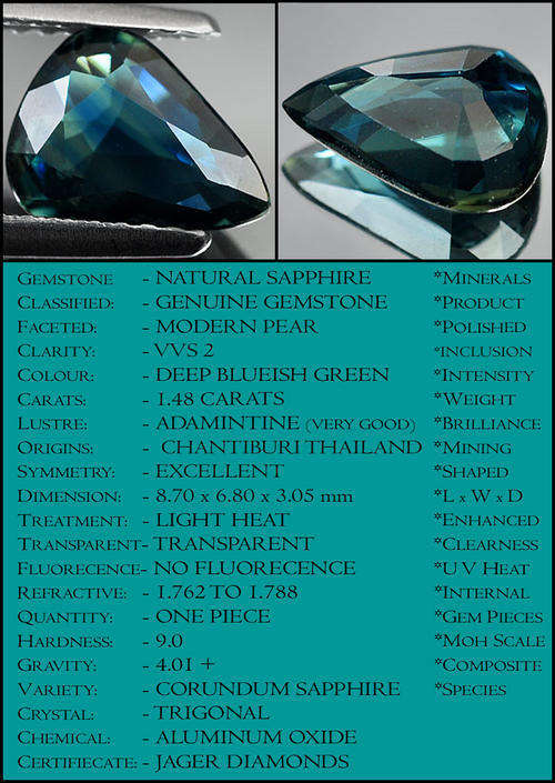 1.478 CT NATURAL DEEP BLUEISH FOREST GREEN SAPPHIRE GEMSTONE, A CLEAN MODERN FANCY POLSIHED PEAR.