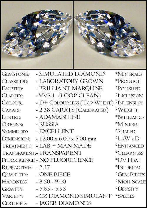 2.38 CT MAJESTIC BRILLIANT MARQUISE DIAMOND STIMULANT, AAA +++ PRECISION MACHINE POLISHED.
