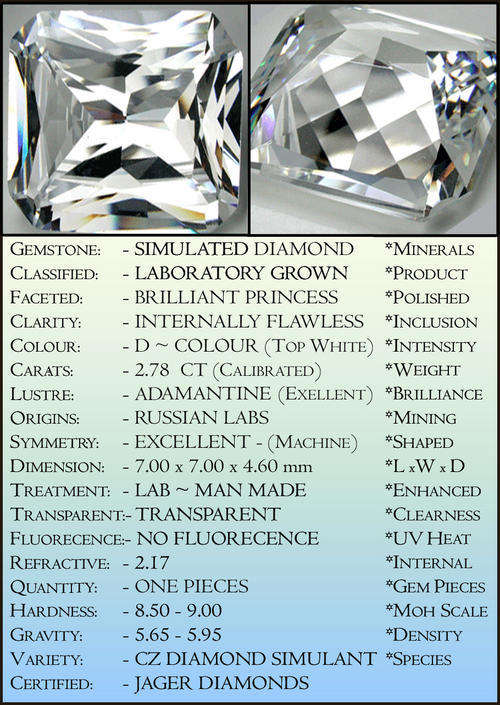 2.78 CT BLAZING BRILLIANT PRINCESS, AAA +++ PRECISION MACHINE POLISHED DIAMOND SIMULANT.