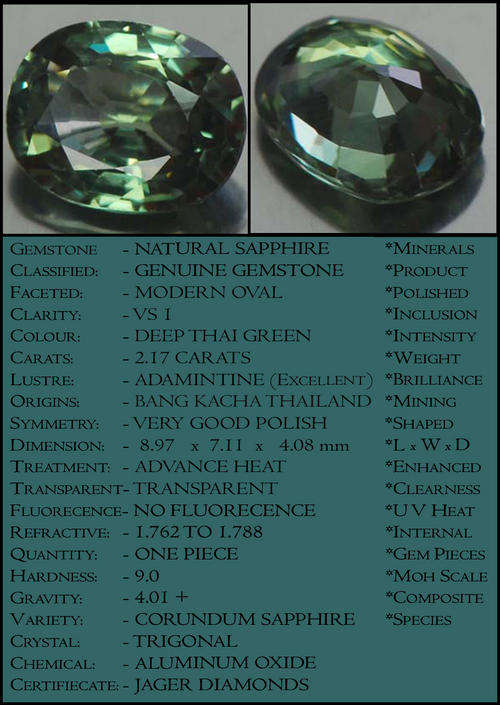 2.17 CT GORGEOUS DEEP THAILAND GREEN OVAL POLISHED NATURAL SAPPHIRE GEMSTONE.