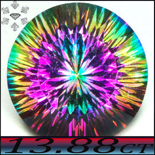 13.88 CT MAGNIFICIENT CONCAVE ROUND POLISHED MYSTIC GREEN RAINBOW QUARTZ, A FLAWLESS GEMSTONE.