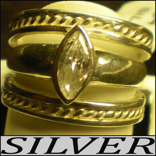 SPECTACULAR THREE LAYER HAND CRAFTED RING IN STERLING SILVER WITH A MARQUISE IMITATION DIAMOND