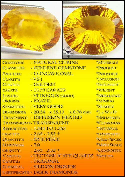 21.87 CARAT NATURAL GOLDEN CITRINE GEMSTONE POLISHED IN A CONCAVE OVAL.