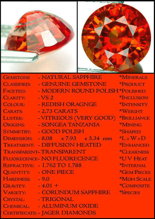 2.73 CT SCINTILLATING RED ORANGE SONGEAN SAPPHIRE, A ROUND POLISHED GEMSTONE.