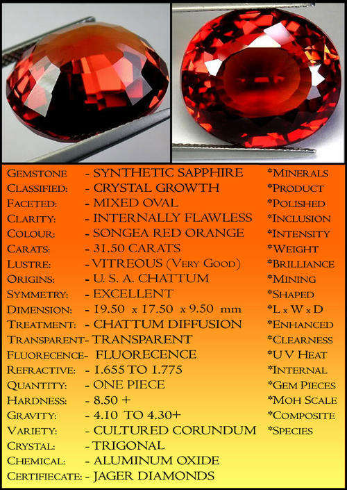 31.50 CT SONGEAN RED ORANGE PRECISION POLISHED OVAL SAPPHIRE, A CHATHAM SYNTHETIC CREATION.