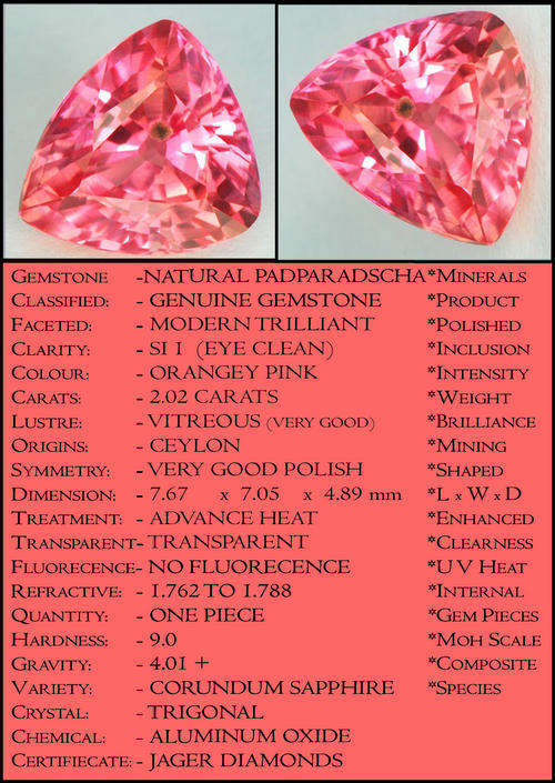 2.02 CT CHERRY PINK LOTUS BLOSSOM PADPARADSCHA, A TRILLION POLISHED SAPPHIRE GEMSTONE.