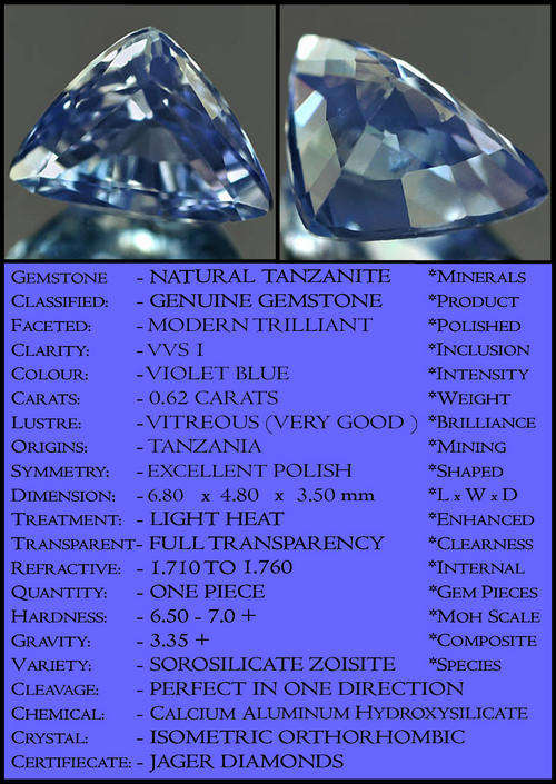 0.62 CT TRENDY TANZANIA TRILLIANT POLISHED VIOLET BLUE NATURAL TANZANITE GEMSTONE.
