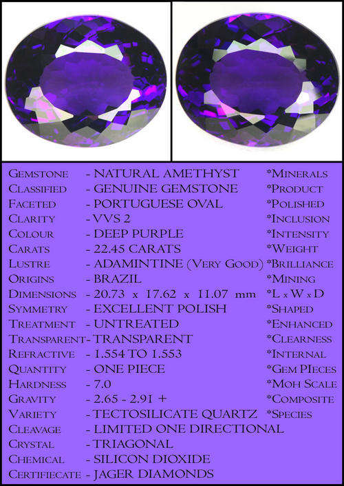 22.45CT TANTALIZING DEEP PURPLE AMETHYST GEMSTONE, A BRAZILLIAN BRILLIANT MULTI FACETED OVAL.