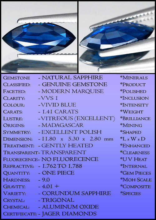 1.41 CT VERY INTERESTING, VIVID BLUE SAPPHIRE LOOP CLEAN PERFECT MARQUISE GEMSTONE.