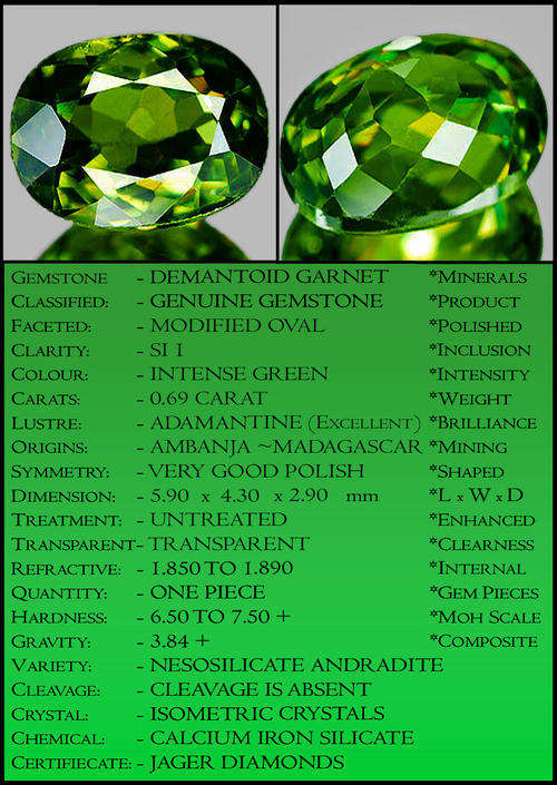 0.69 CT IMMENSELY LUSTROUS NATURAL DEMANTOID GARNET, AN INTENSE GREEN OVAL GEMSTONE. 