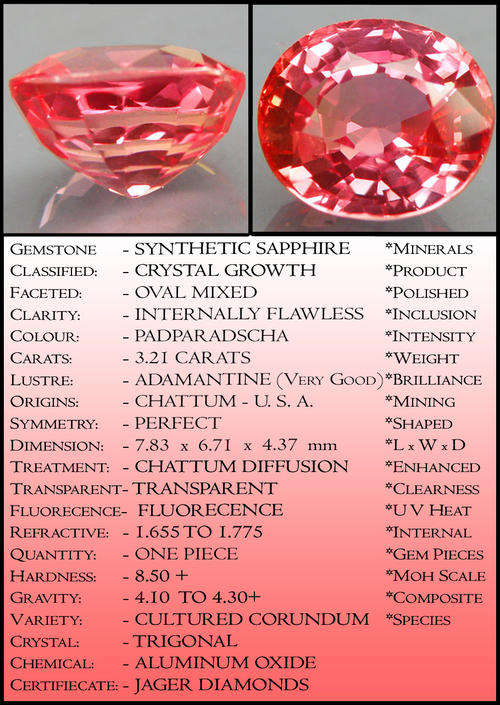 3.21CT LOVELY ORANGEY PINK COLOUR PADPARADSCHA SYNTHETIC SAPPHIRE, POLISHED IN A PRECISE OVAL.