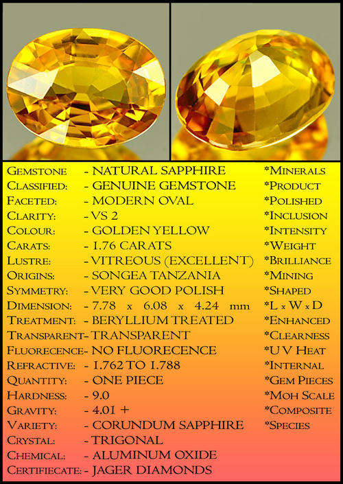 1.78 CT GOLDEN SUNNY YELLOW NATURAL SONGEA SAPPHIRE GEMSTONE.