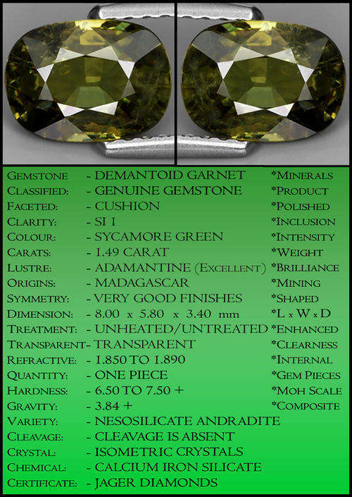 DEMANTOID GARNET [SI] GEMSTONE, A SIZZELING SYCAMORE GREEN CUSHION.
