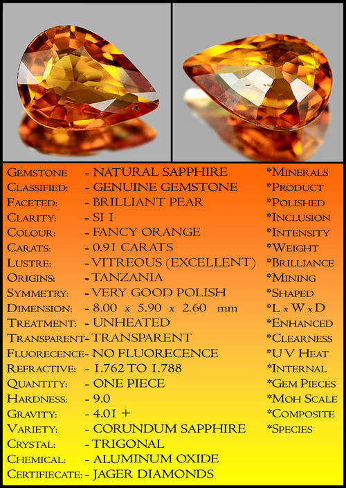 0.91CT NATURAL UNHEATED SAPPHIRE [SI] ~ FANCY SONGEA ORANGE PERFECT PEAR GEMSTONE.