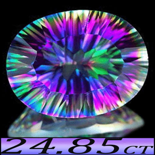 24.85CT STUNNING VIVACIOUS VIVID MYSTIC RAINBOW QUARTZ, A FIRE GREEN CONCAVE POLISHED OVAL.