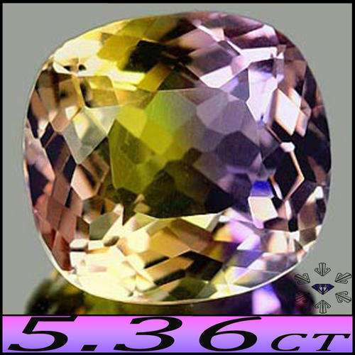 5.36CT AMETRINE [IF] ~ BI-COLOUR YELLOW AND PURPLE FANCY CHECKER BOARD CUSHION POLISHED GEMSTONE.