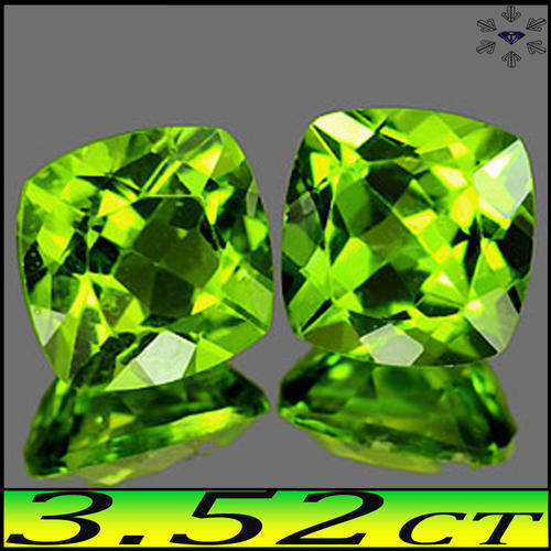 3.52CT UNHEATED NATURAL PERIDOT'S [VVS] ~  GORGEOUS GEM GREEN CUSHION POLISHED PAIR FROM THAILAND.