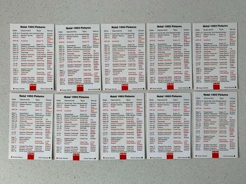 10x 1993 Natal Fixtures Player Rugby Cards - Complete Set