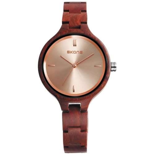 SKONE 1082 LADIES WOODEN WATCH - Mahogany with rose gold colored face