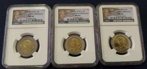 MS64, MS65 & MS66 - NGC Graded Mandela Birthday R5.00 coins (NEW LABEL) - Bid per coin for the lot!!