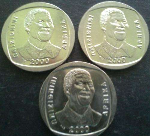 3 X 2000 Mandela R5.00 coins - Excellent condition (1 bid for ALL!!!) 12HRS ONLY!!!