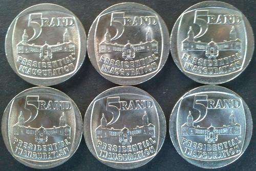 6 X 1994 Presidential Inauguration R5.00 coins - BRILLIANT condition!!!