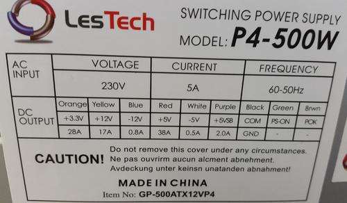 LesTech 500W Power Supply for Desktop PC's