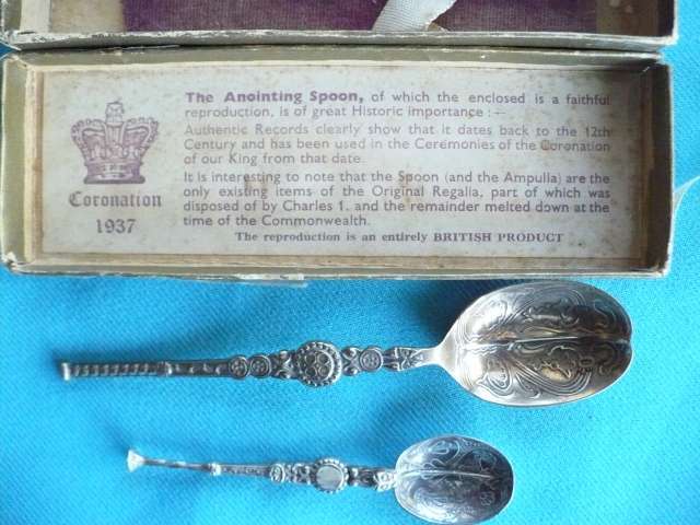 2 REPLICA ANOINTING SPOONS KING GEORGE V1 1937  1 BRASS  1 HALLMARKED SILVER
