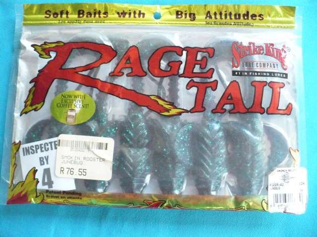 STRIKE KING RAGE TAIL SMOKIN ROOSTER JUNEBUG LURE 6 PKT