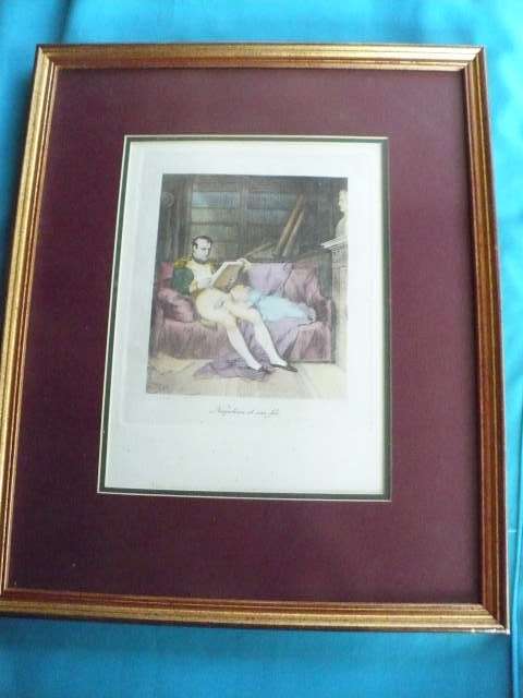 NAPOLEAN BONAPARTE WITH BABY SON PRINT FRAMED BEHIND GLASS